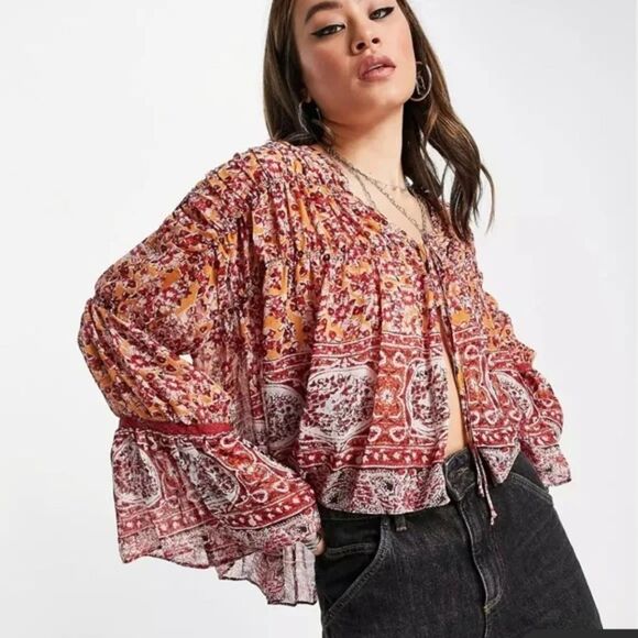 Free People Tops - NWT Free People Sz Small Lorraine Tiered Kimono Top Boho Paisley Wide Sleeves